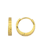 Diamond cut gold huggie earrings 15mm textured hoop front view