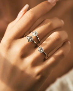 Model wearing AriaEcho solitaire moissanite ring set