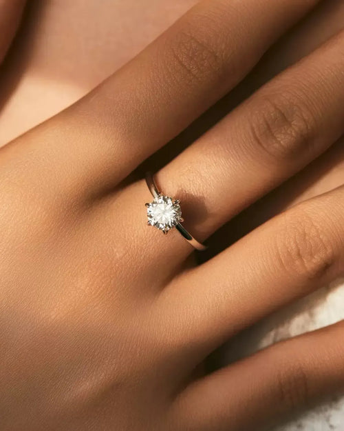 Model hand wearing 1ct moissanite solitaire ring close-up