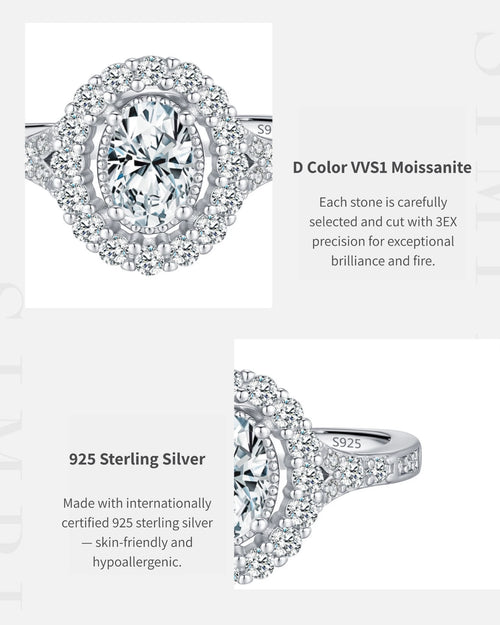 D color VVS1 moissanite halo ring with sterling silver setting