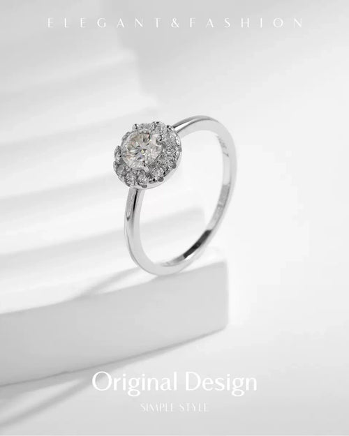 Elegant halo moissanite ring display – minimalist aesthetic
