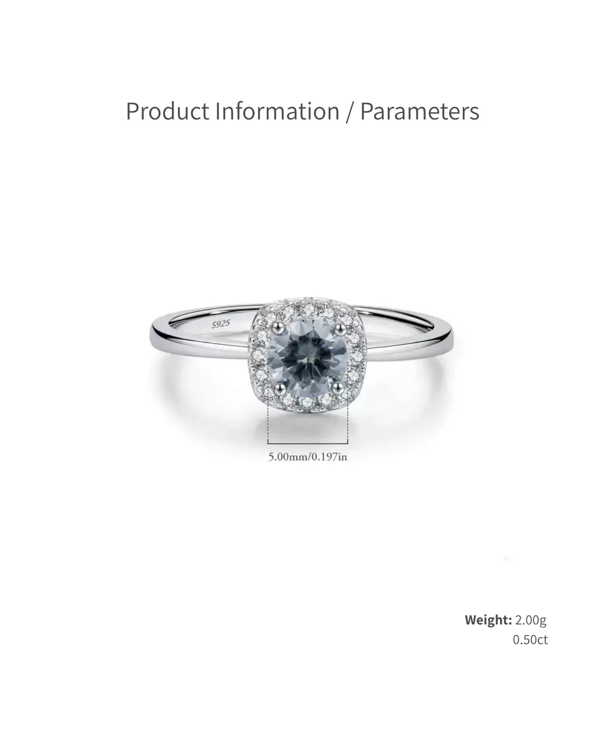 Gray moissanite cushion halo ring size and parameters
