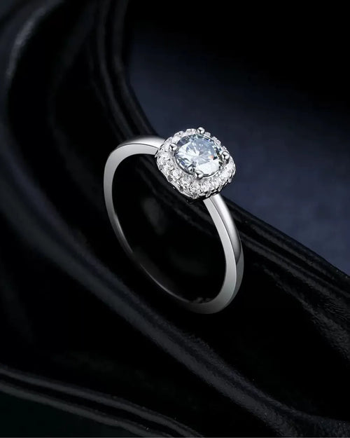 Gray moissanite ring close-up product photo