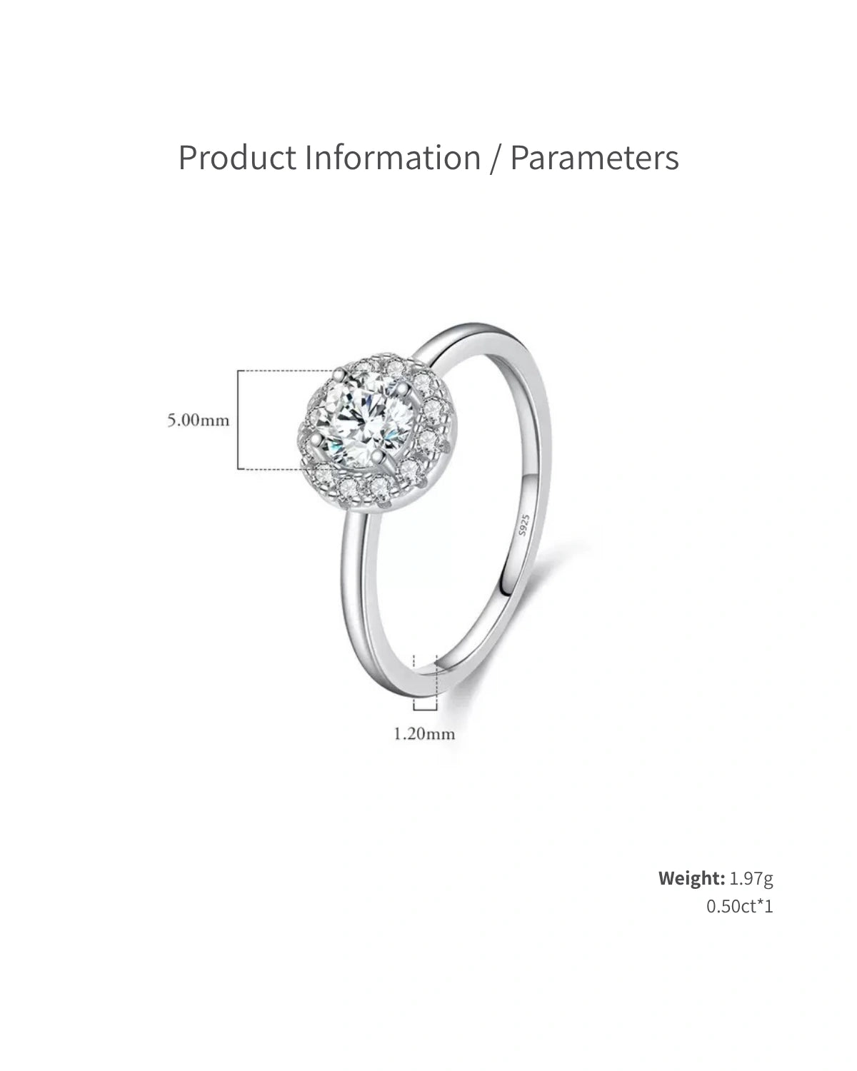 Ring size and dimensions – halo moissanite 0.5ct center stone