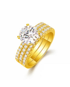 18K gold moissanite bridal ring set with 2ct round center stone and triple pavé band