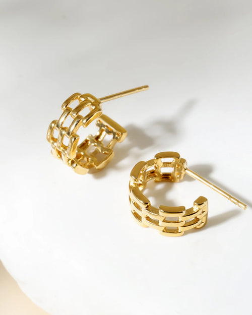 Modern chunky chain link gold hoop earrings side view