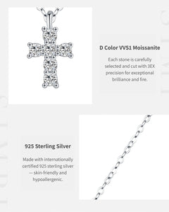Close up of D Color VVS1 moissanite cross pendant