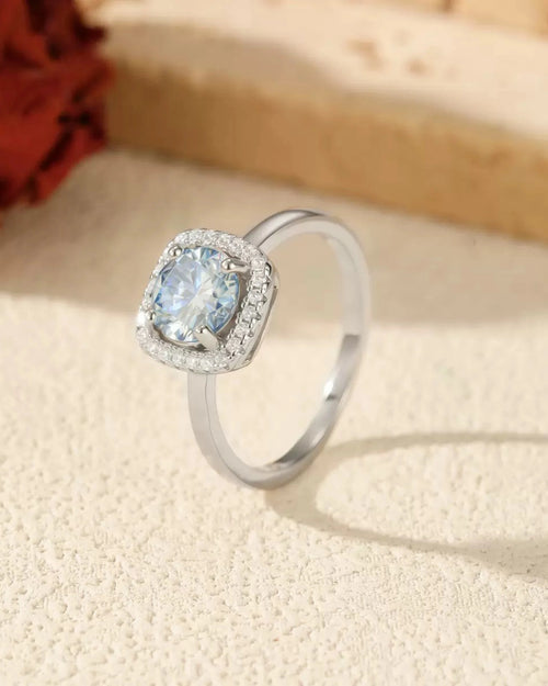 Blue Round Moissanite Halo Ring Angled View