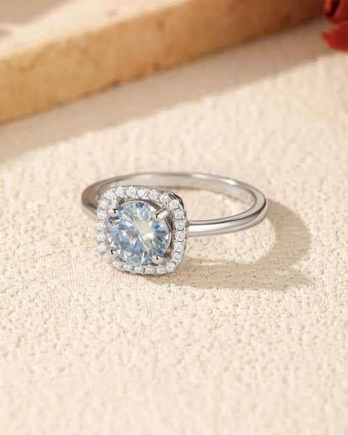 Blue Round Moissanite Halo Ring Detail