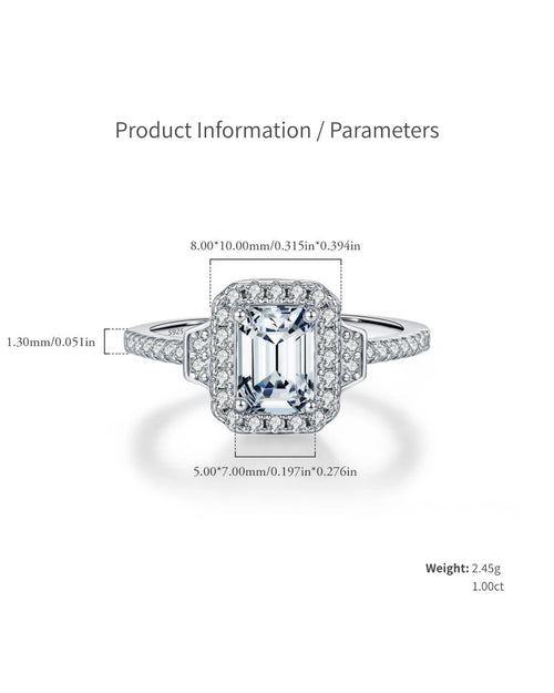 1ct emerald cut halo moissanite engagement ring dimensions and size chart