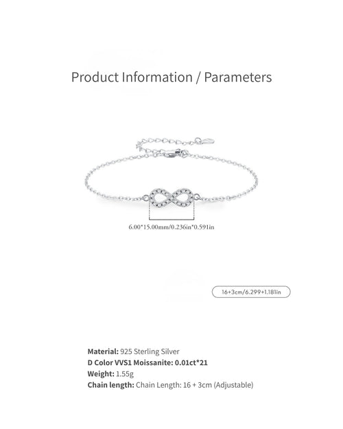 Infinity moissanite bracelet size and product information