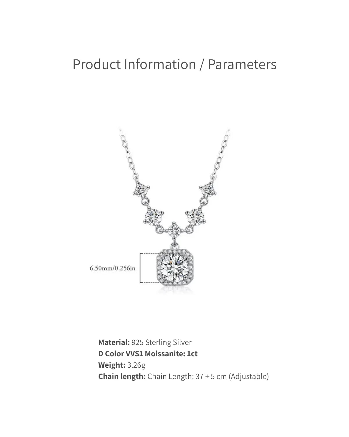 moissanite halo necklace size and parameters