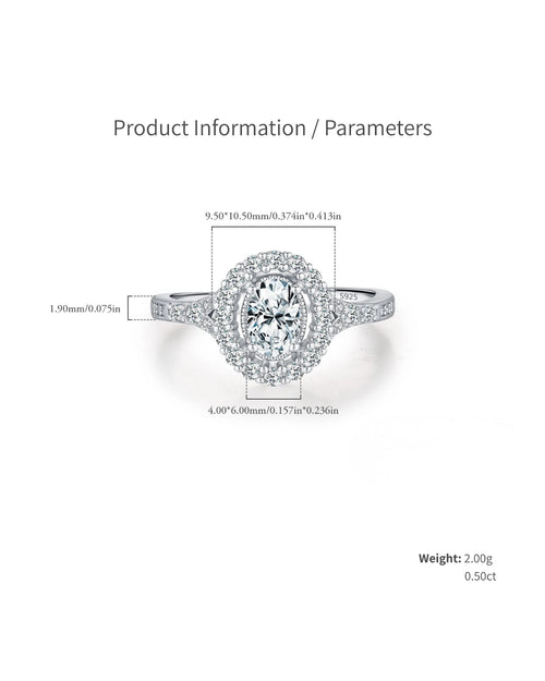 0.50ct oval halo moissanite ring product dimensions and details