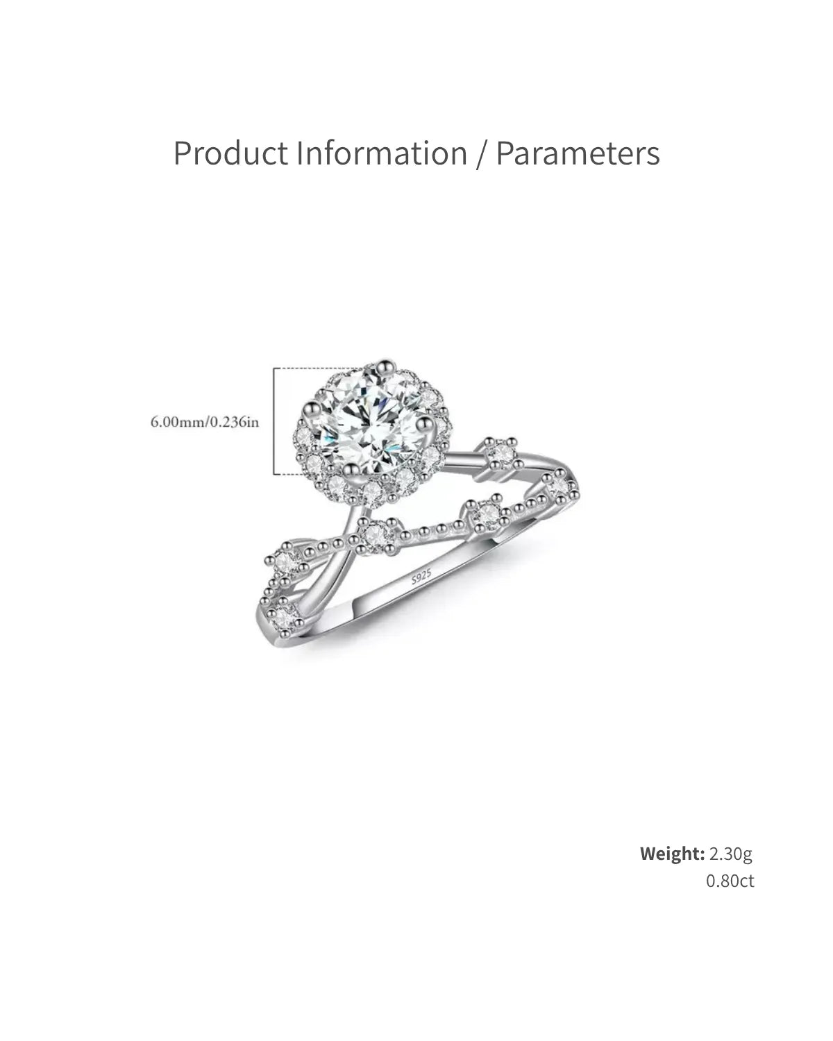 0.80ct moissanite ring size and parameters