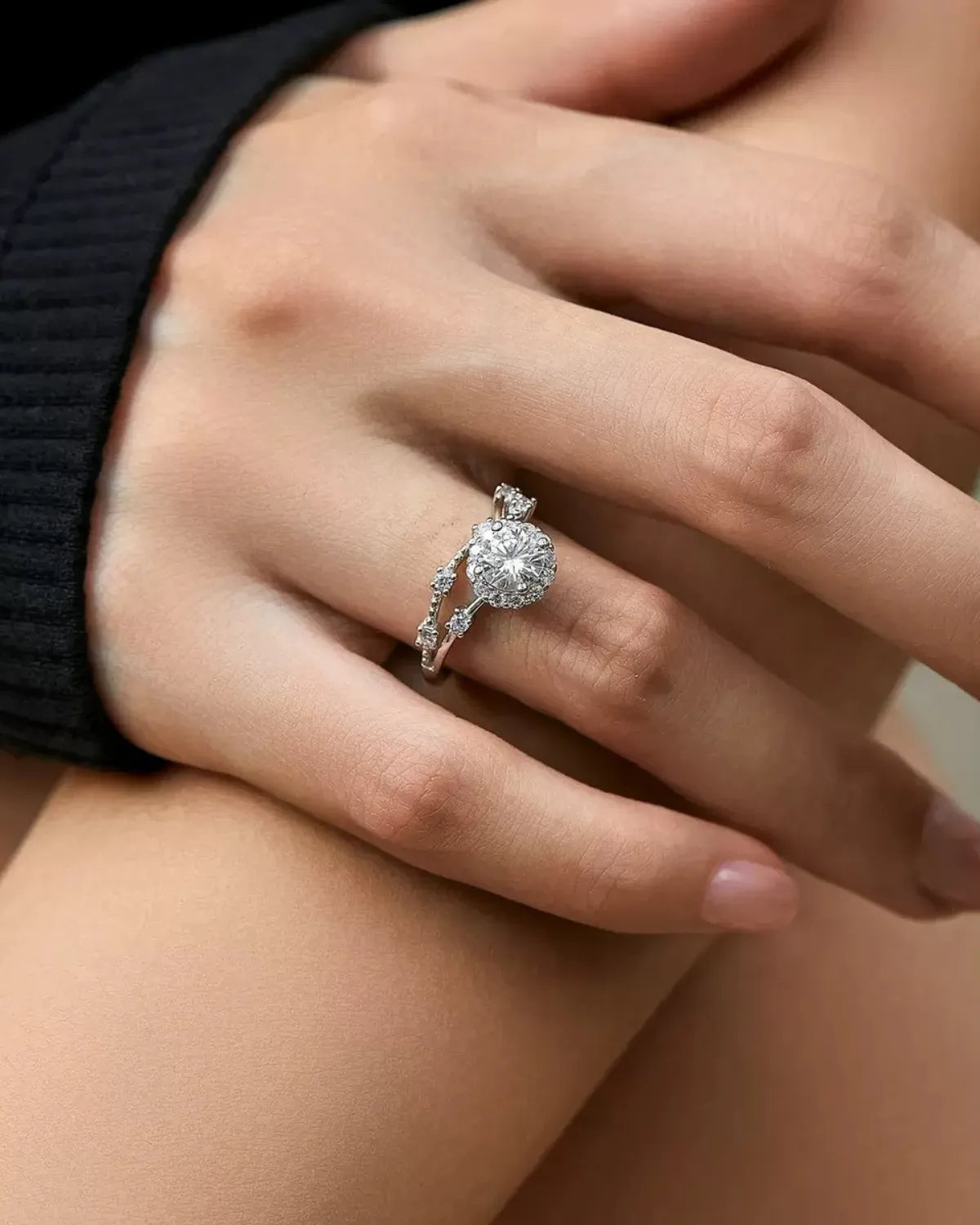 0.80ct moissanite ring worn on hand