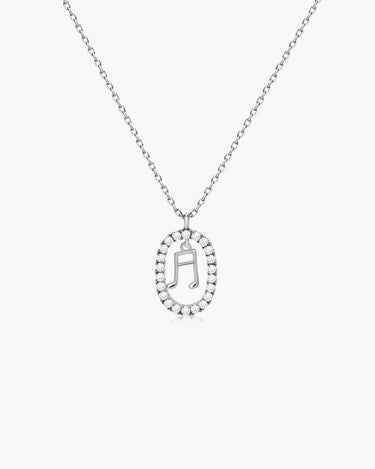 Silver music note necklace with oval pendant on chain
