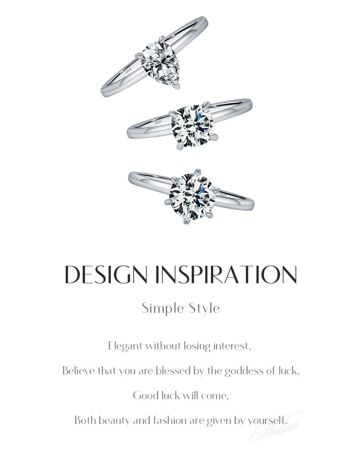 Three Solitaire Moissanite Rings – Round, Pear, and Cushion Cut
