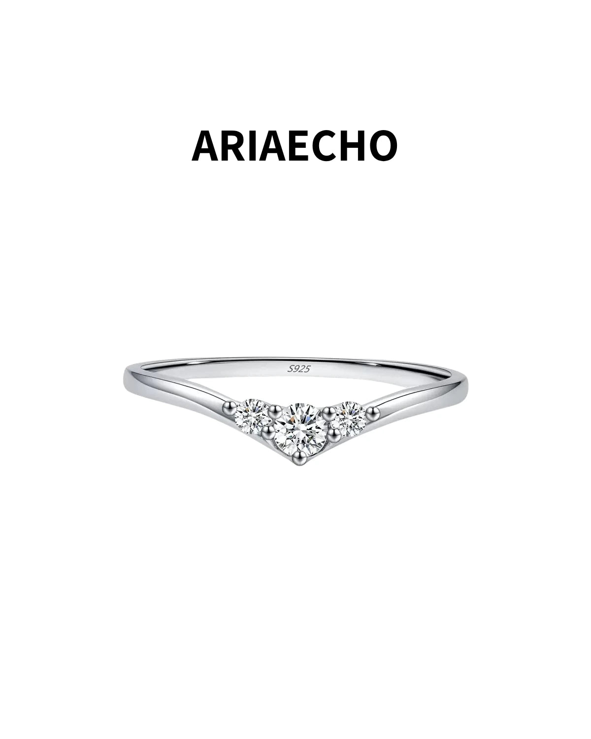 AriaEcho three-stone V-shaped moissanite ring front view