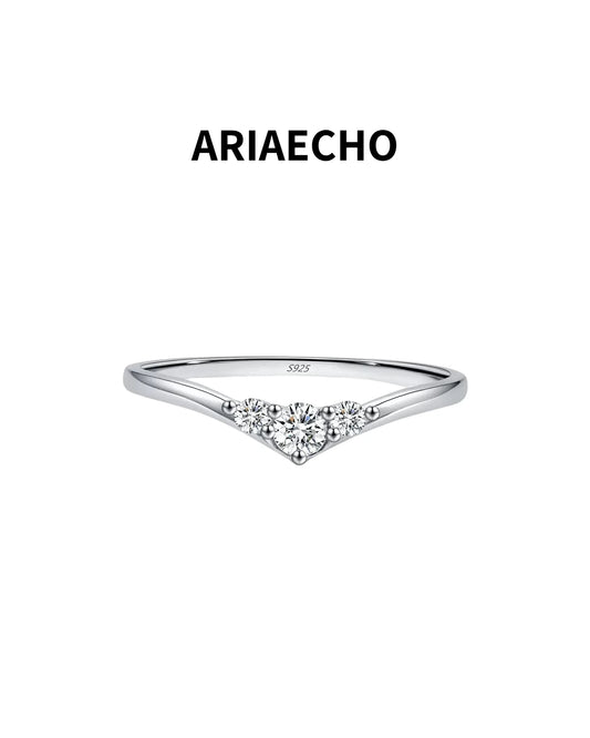 AriaEcho three-stone V-shaped moissanite ring front view