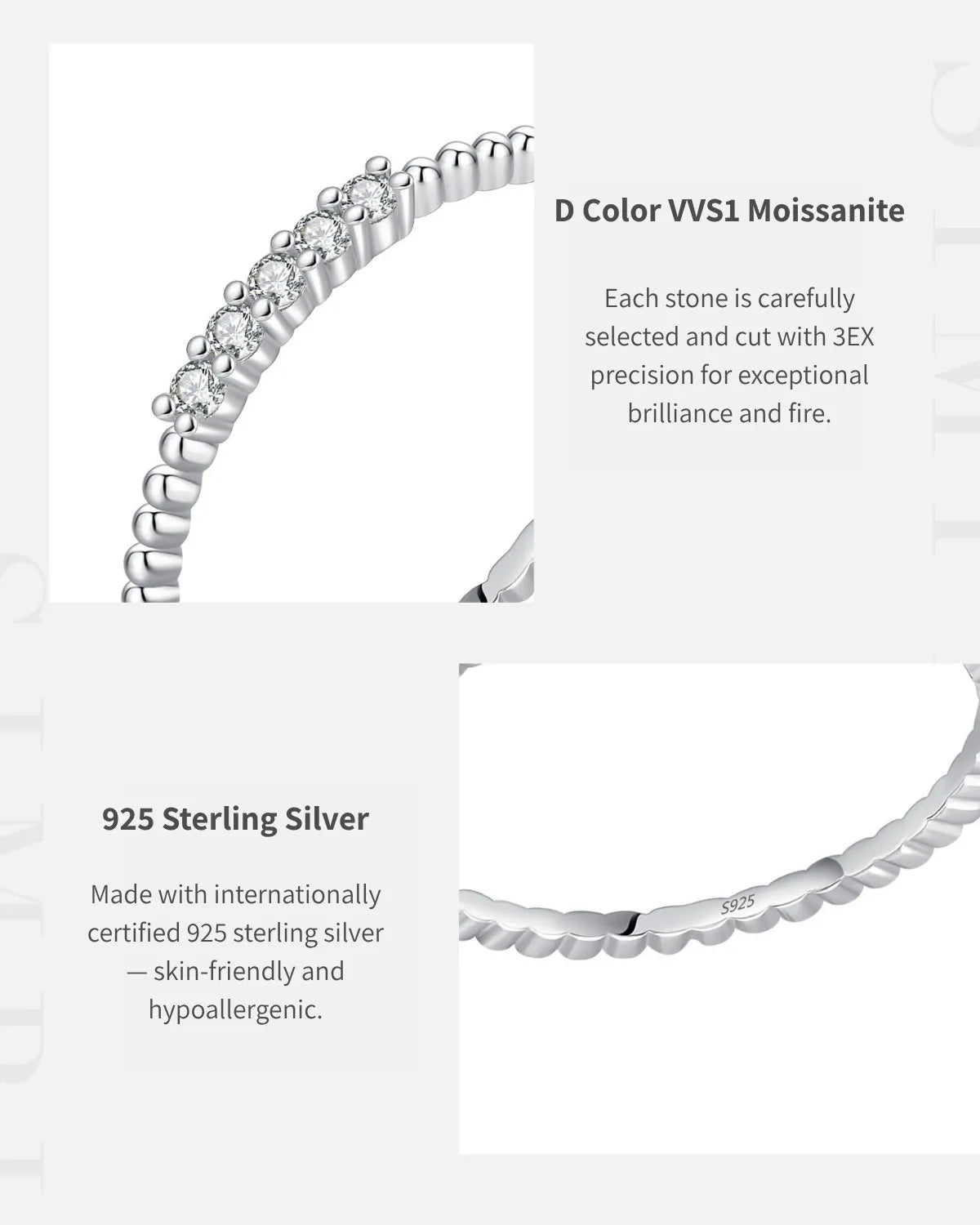 Close-up of D color VVS1 moissanite stones on twisted band