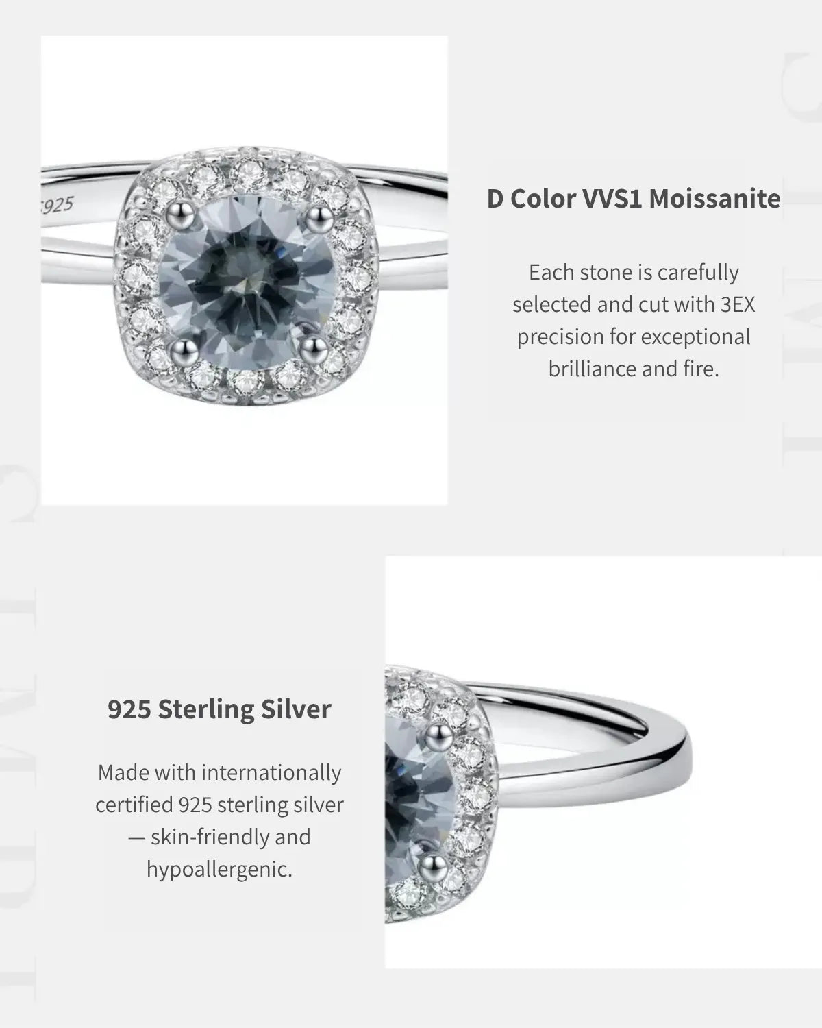 D color VVS1 gray moissanite and 925 silver detail