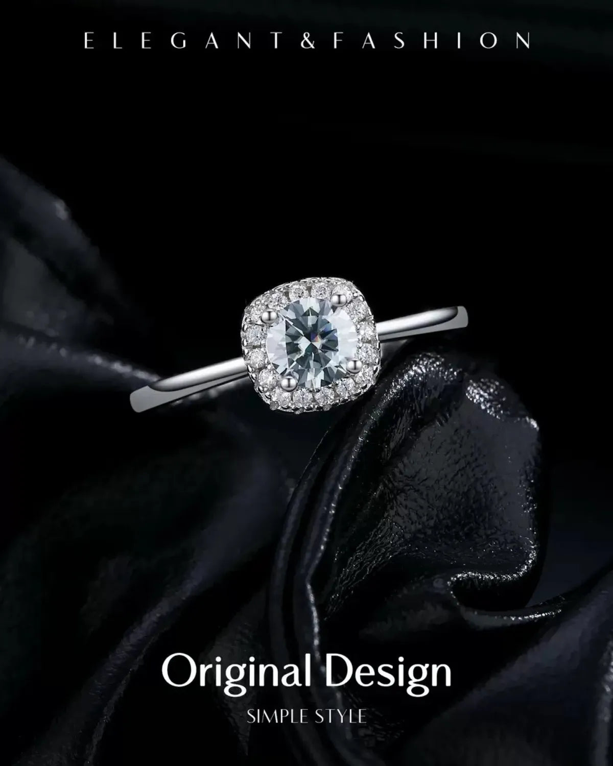 Elegant gray moissanite halo ring on black fabric