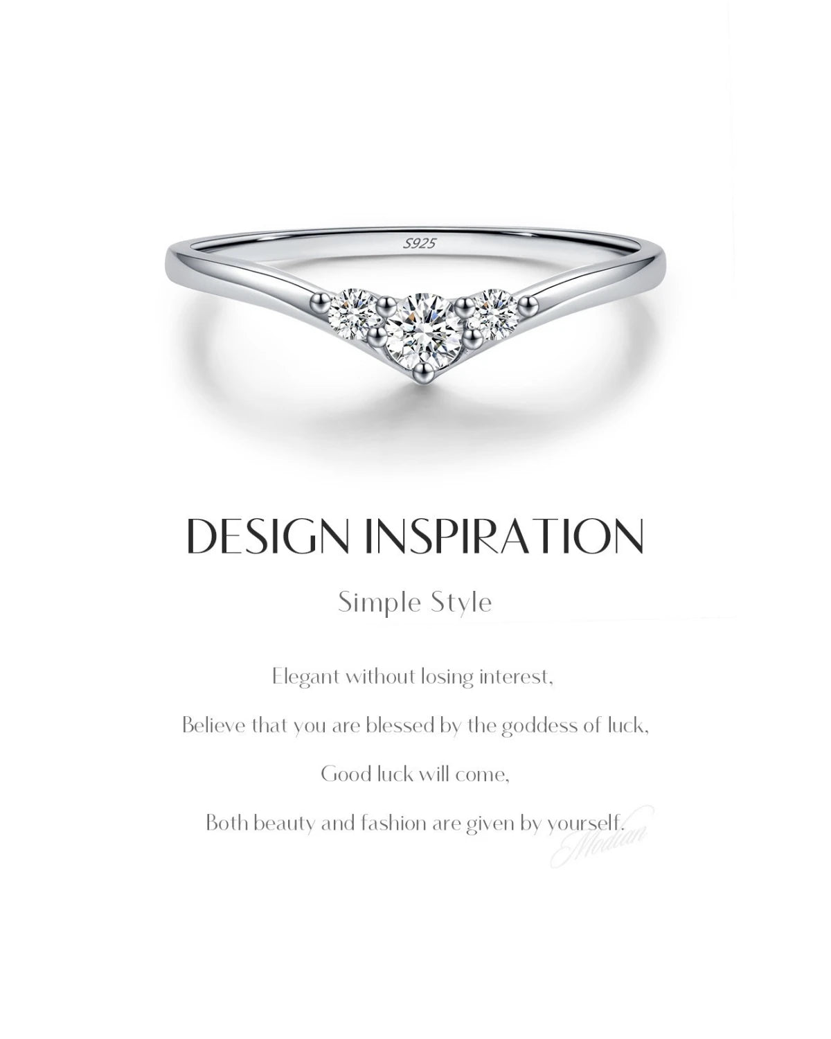 Minimalist moissanite V-ring design inspiration card