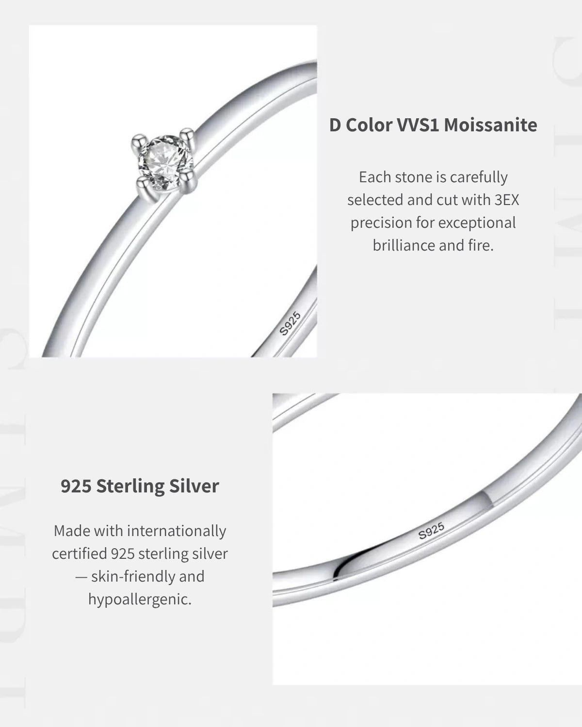 Minimalist moissanite ring detail shot