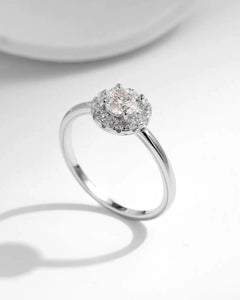 Side angle of halo moissanite ring – sterling silver band