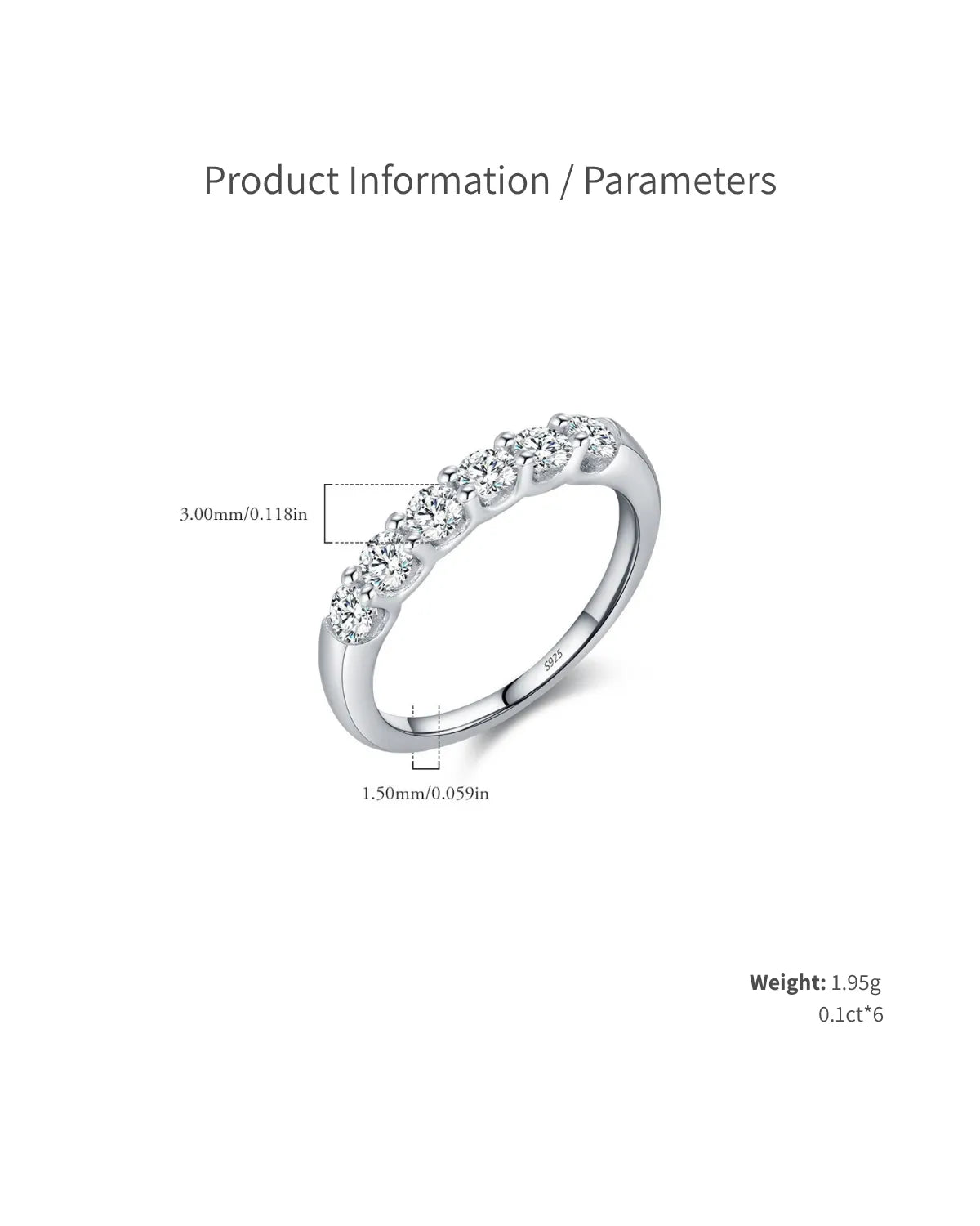 Six-Stone Moissanite Band Ring – stone size and band width diagram