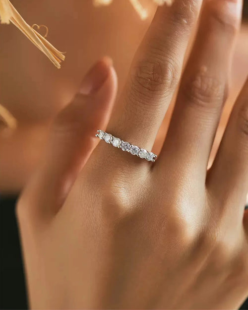 Sparkling moissanite band close-up shot