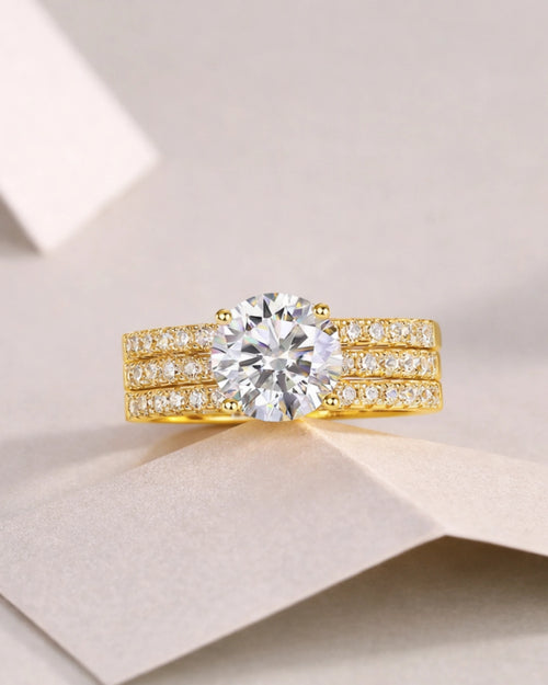 Front view of 2ct moissanite engagement ring set in 18K gold plating