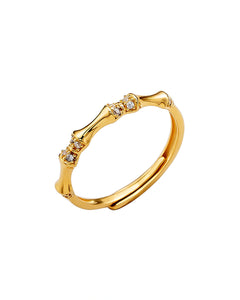 Adjustable bamboo gold ring with crystal accents – minimalist open band statement jewelry