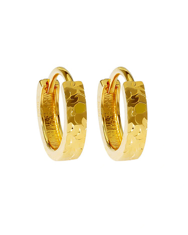 Textured gold huggie earrings 10mm hammered finish front view