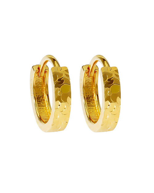 Textured gold huggie earrings 10mm hammered finish front view