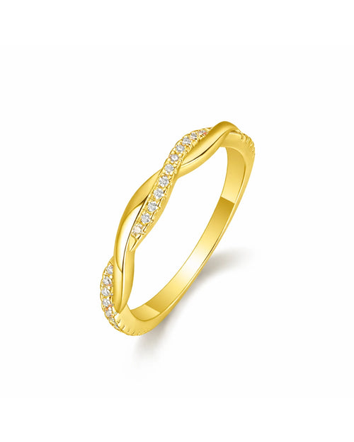 18k gold twisted moissanite ring by AriaEcho, delicate crossover band with pavé stones