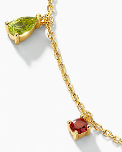 Close-up detail of natural gemstones on an 18K gold plated sterling silver necklace.