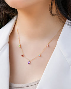 Model wearing the AriaEcho natural amethyst dopamine gemstone necklace.