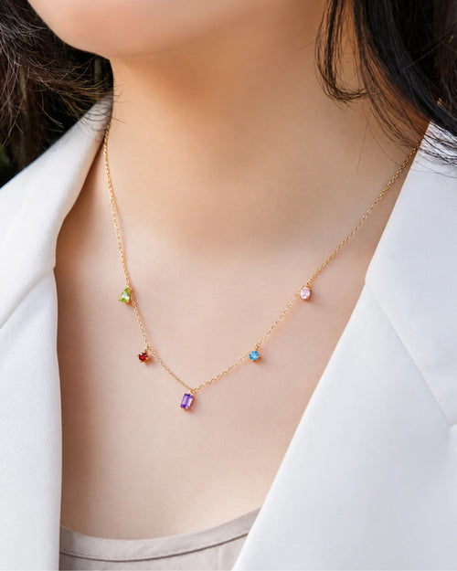 Model wearing the AriaEcho natural amethyst dopamine gemstone necklace.