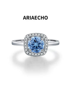 Blue Round Moissanite Halo Ring in 925 Sterling Silver Front View