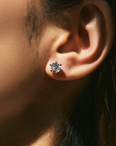 Model wearing classic moissanite stud earrings in sterling silver