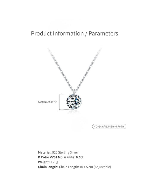 Dainty solitaire moissanite necklace size and product information