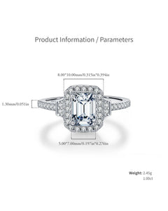 1ct emerald cut halo moissanite engagement ring dimensions and size chart
