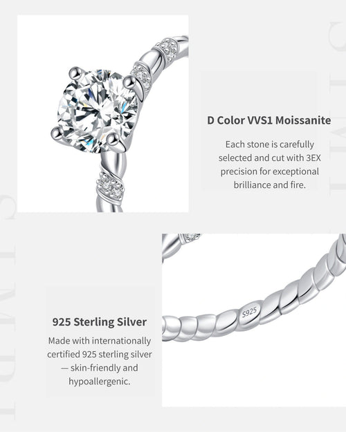 Close-up of D Color VVS1 moissanite and sterling silver twisted band